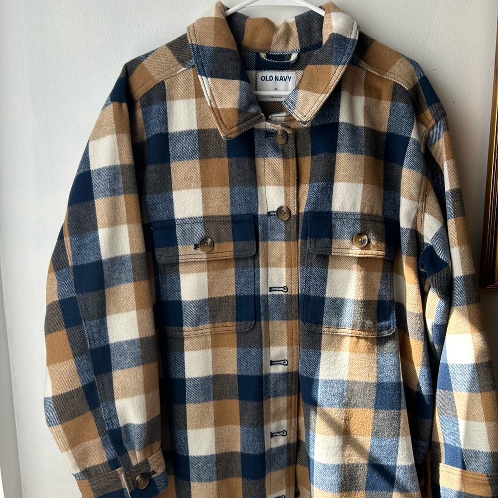 Thick Heavy Warm Old Navy Brown and Blue Plaid Button Shirt